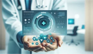 Doctor holding holographic healthcare data interface
