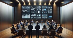 Executive boardroom meeting with data screens